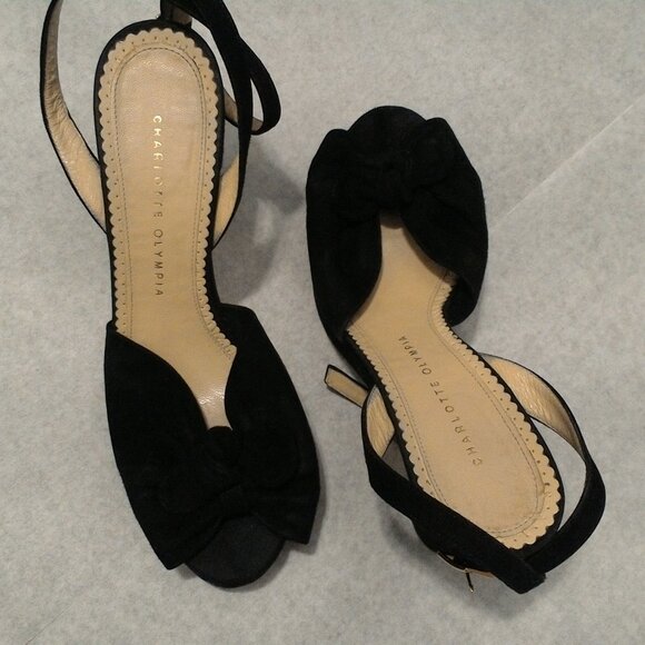 Charlotte Olympia Black Peep Toe Sandal Heels with Bows | Suede EU39 | US 8 - Picture 9 of 15